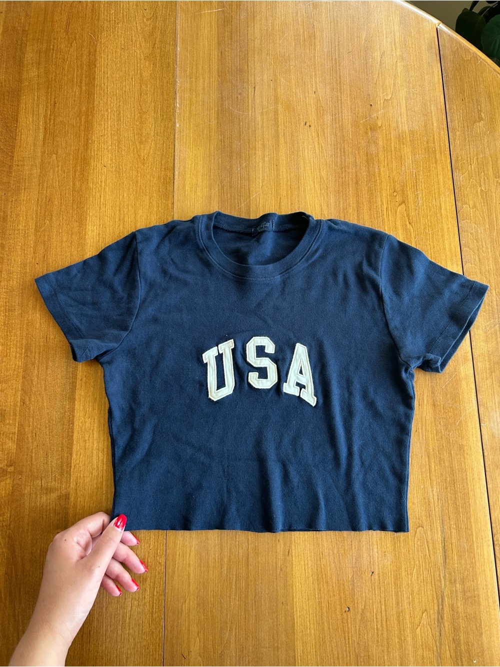 Brandy Melville Navy Cropped Crewneck Tee With USA Embroidered